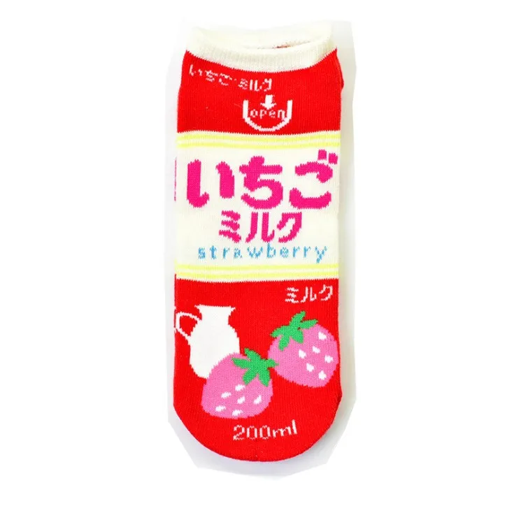 Kawaii Носки милые забавные летние японские Харадзюку мультфильм женские носки-башмачки напиток клубника молоко черный белый розовый короткие носки