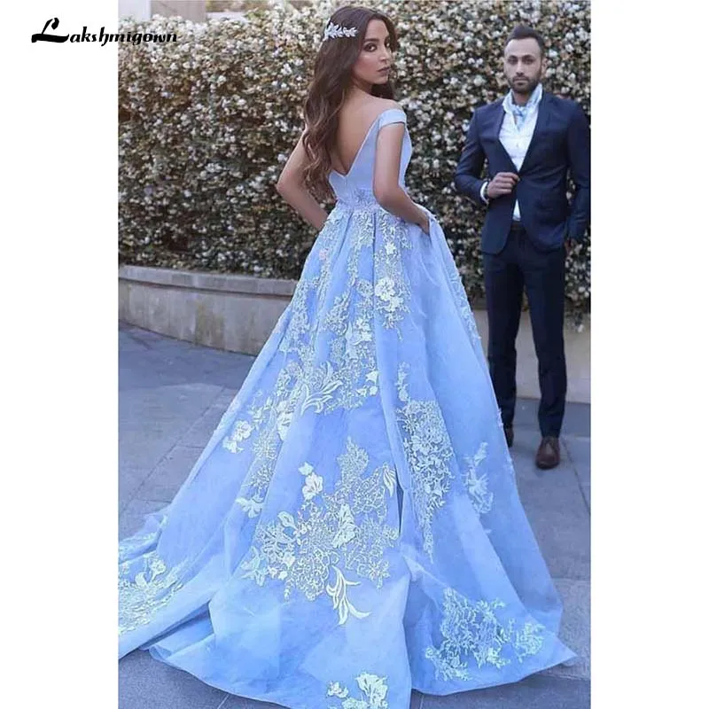 

Attractive Blue Ball Gown Lace Wedding Dress Arab Muslim Lace Appliques Bride Dress Custom Made Wedding Gowns Robe de mariee