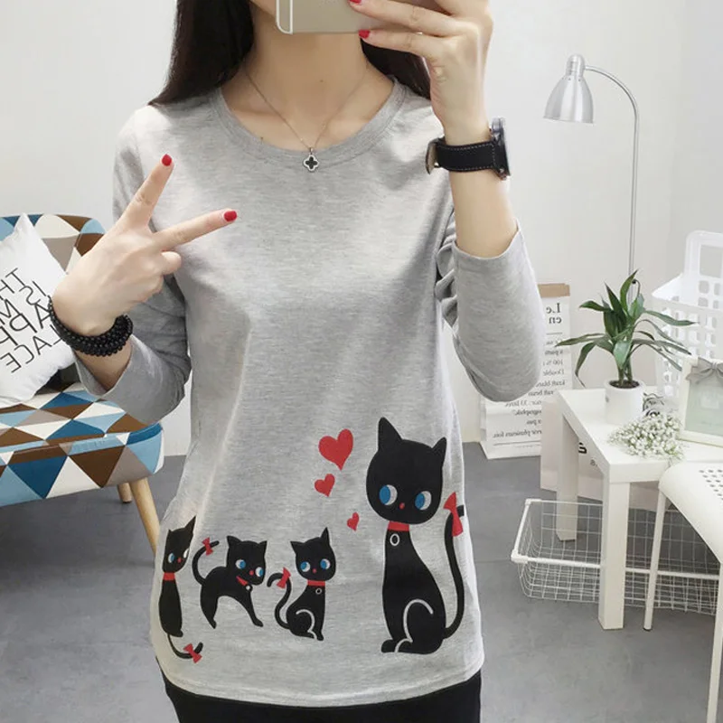 2017 Новый Осенняя Мода Мультфильм Кошки Печатные Рубашки Блузки С Длинным Рукавом