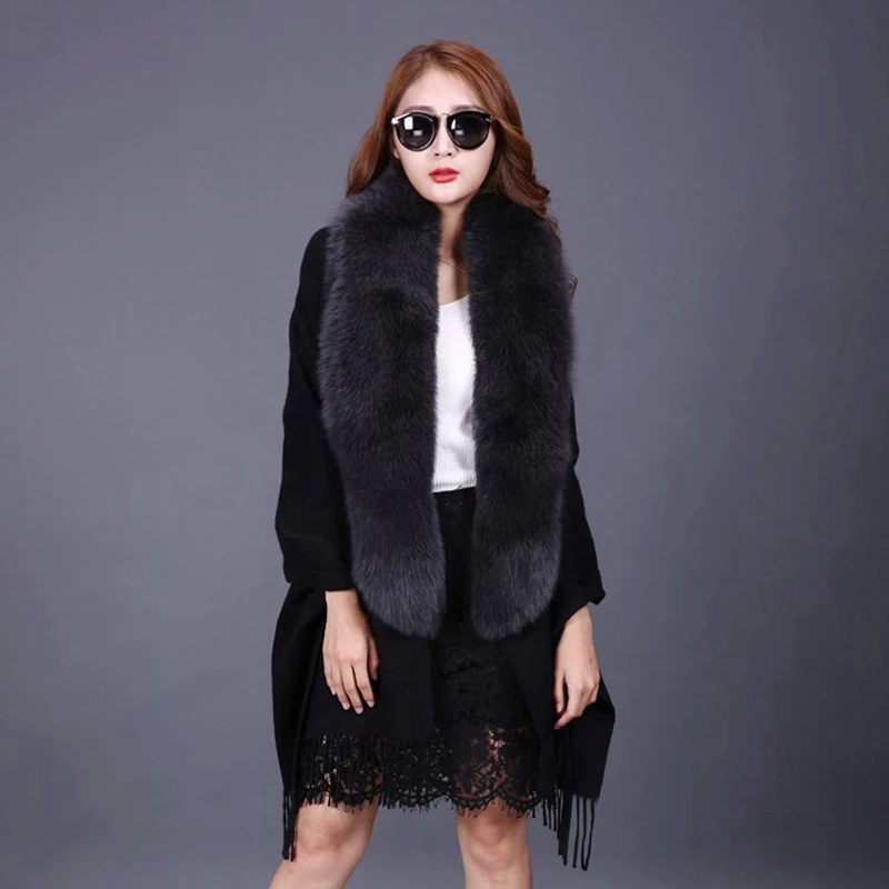 Женская шерстяная шаль с кисточками воротником из лисьего меха LF5007 |