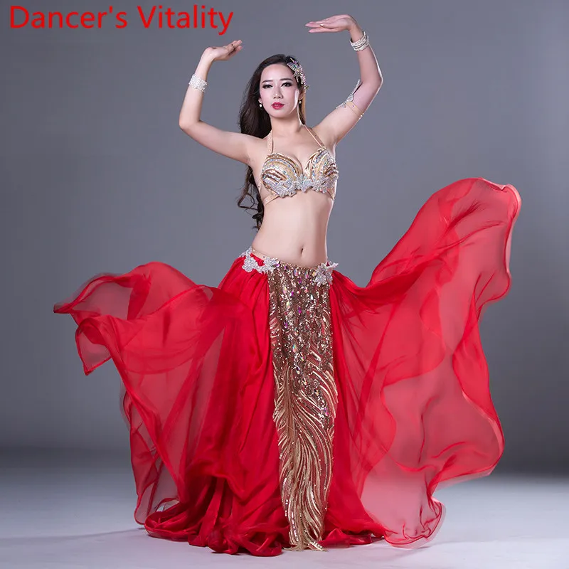 

2018New Luxury Belly Dance Suit 3pcs Bra+Skirt+Scarf Women Ballroom Dance Clothes Kids Stage Dance Set M,L