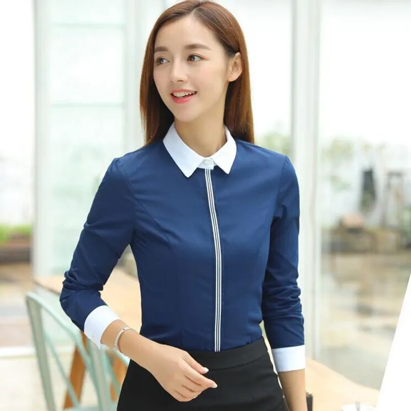 Long sleeve Navy Новая модная женская хлопковая рубашка Весенняя официальная Элегантная блузка Офисная Женская рабочая одежда размера плюс топы темно-синие белые - Цвет: Long sleeve Navy