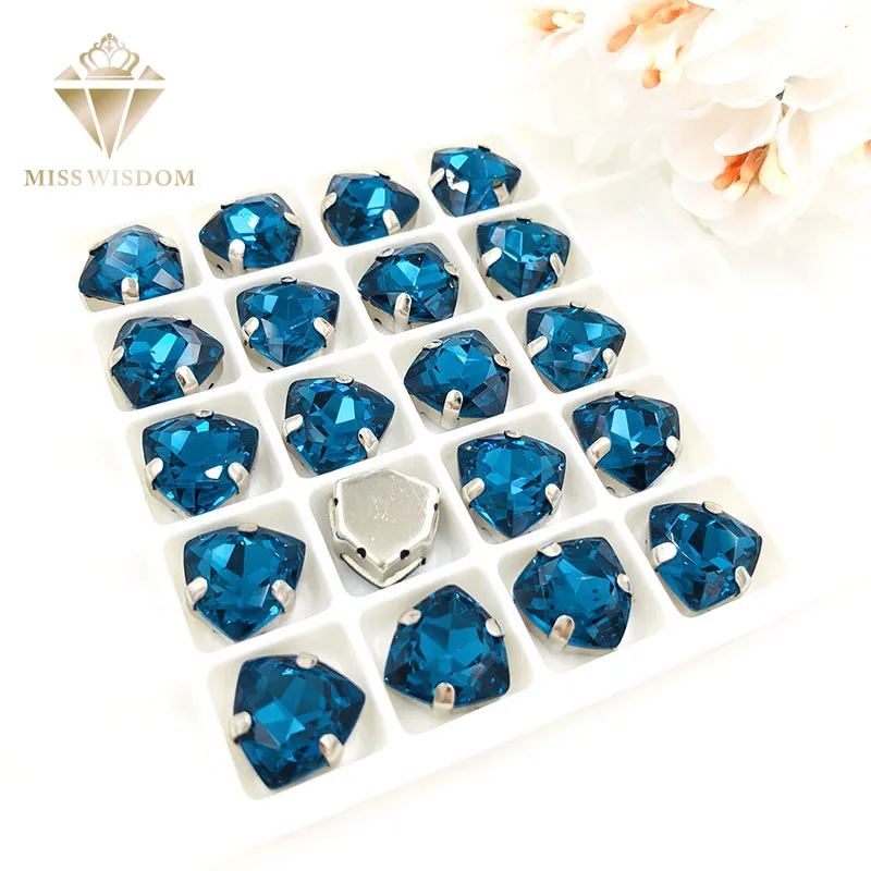 

Free shipping 12mm Fat Triangle Peacock blue High quality Glass Crystal sew on rhinestones sliver base with hole diy accessories