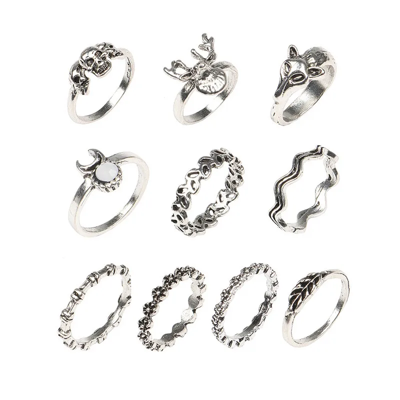Модные Ретро Серебро Цвет Цветок Midi костяшки Череп Кольца дамы Свадебная