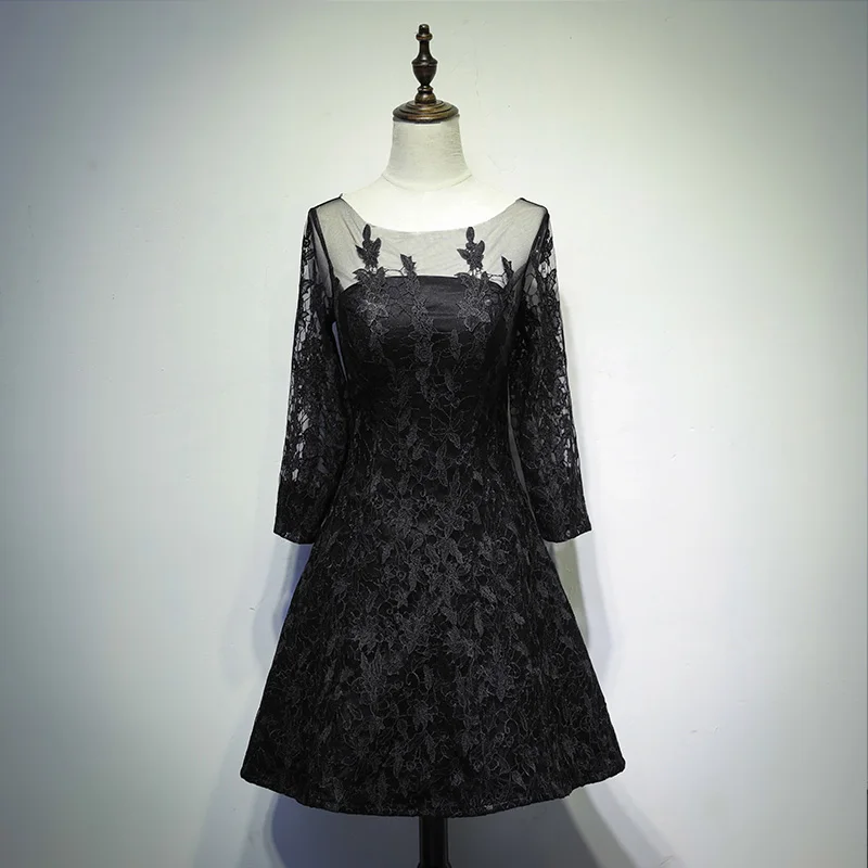 Черные кружевные коктейльные платья до колена с длинным рукавом для женщин