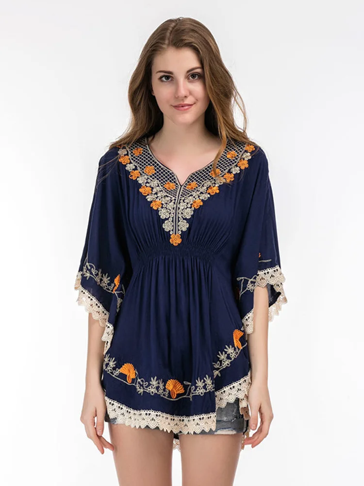 Плюс Размер Дамы Блузка Новые летние вышивка Batwing Топы свободные для отдыха