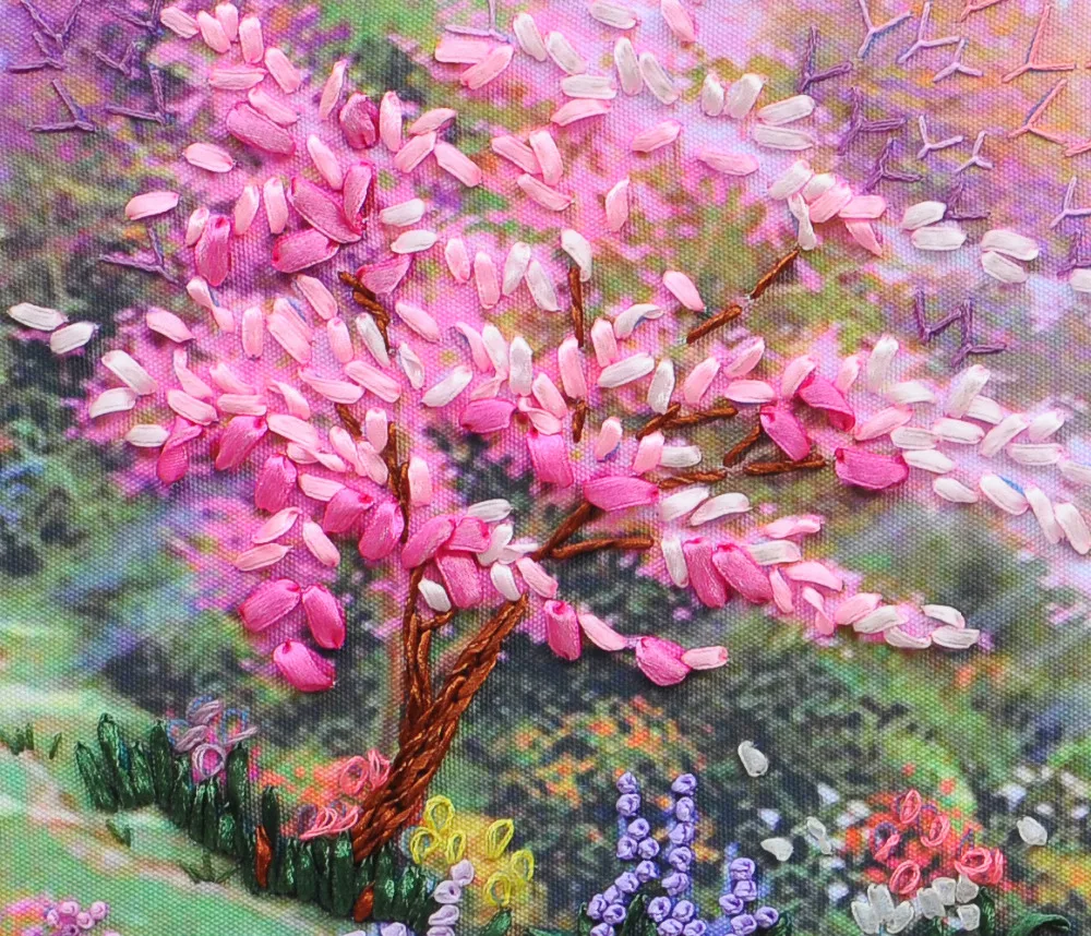 50*60cm Stay together DIY cross stitch kits sets handmade needlework 3D ribbon embroidery Romantic cherry blossom A28 | Дом и сад