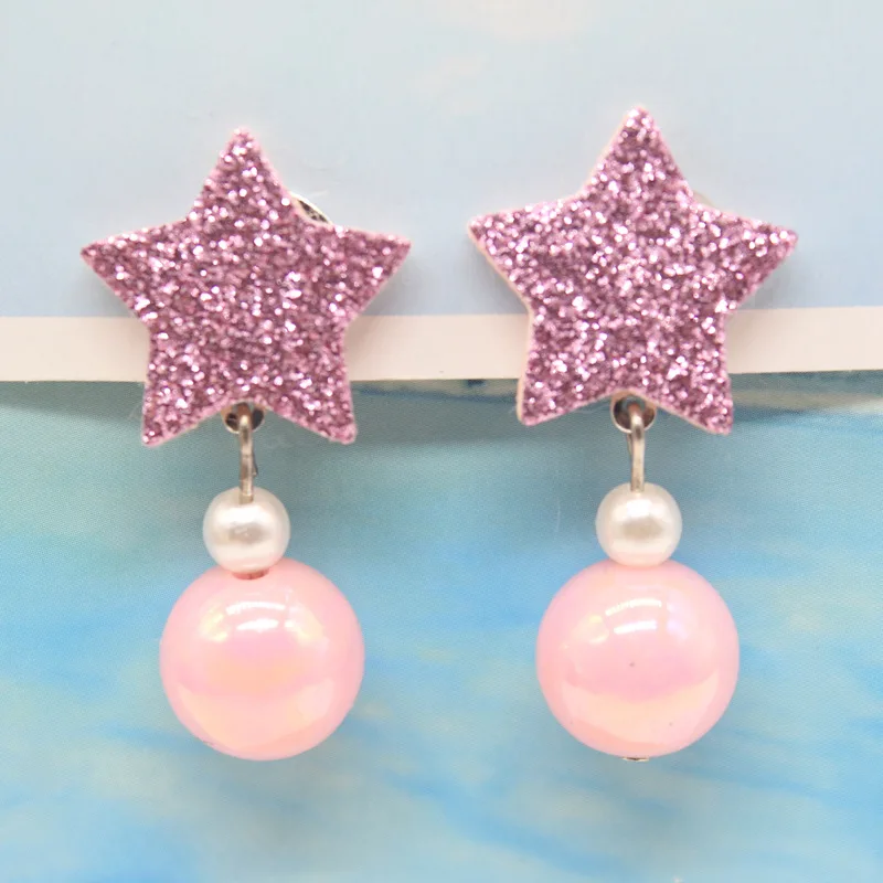 pin star Новые детские серьги с розовым сердцем и звездами в форме цветка, милые жемчужные серьги для девочек, серьги-клипсы без ушей - Окраска металла: pin star