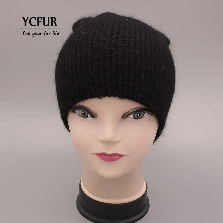 YC Fur, женская шапка на осень зиму, женская вязаная шерстяная шапка, шапки s для женщин из ангорской кроличьей шерсти, Повседневные шапки Skullies для девочек - Цвет: black