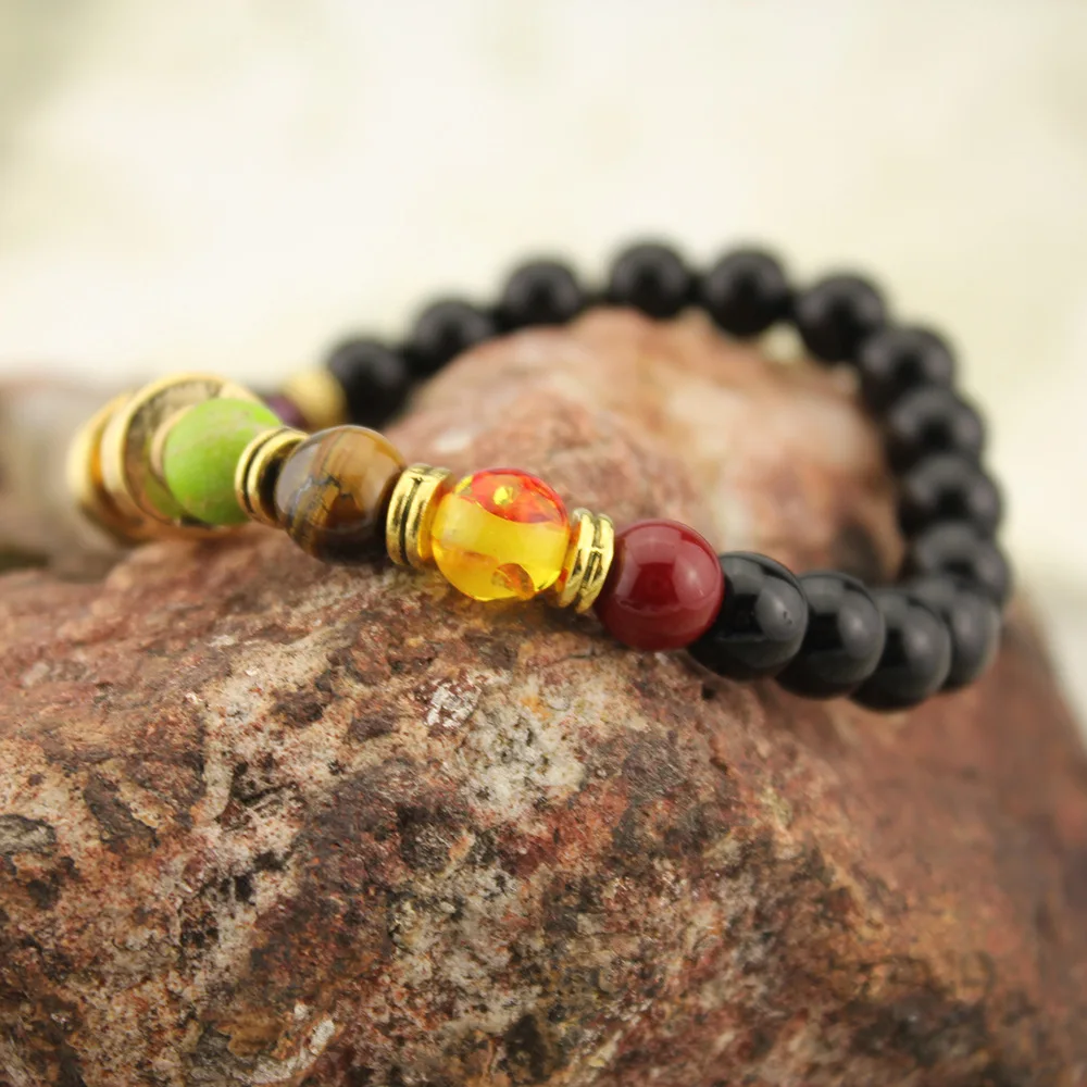 Натуральный черный Лава камень браслет 7 Исцеление чакры в рейки баланс бусины