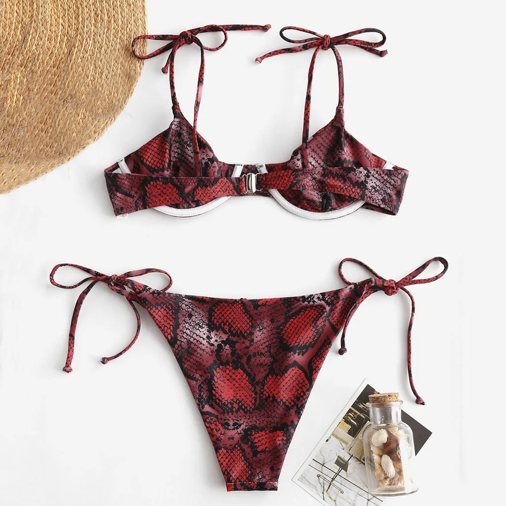 Сексуальный змеиный принт бикини emale купальник женский стринги пуш ап набор