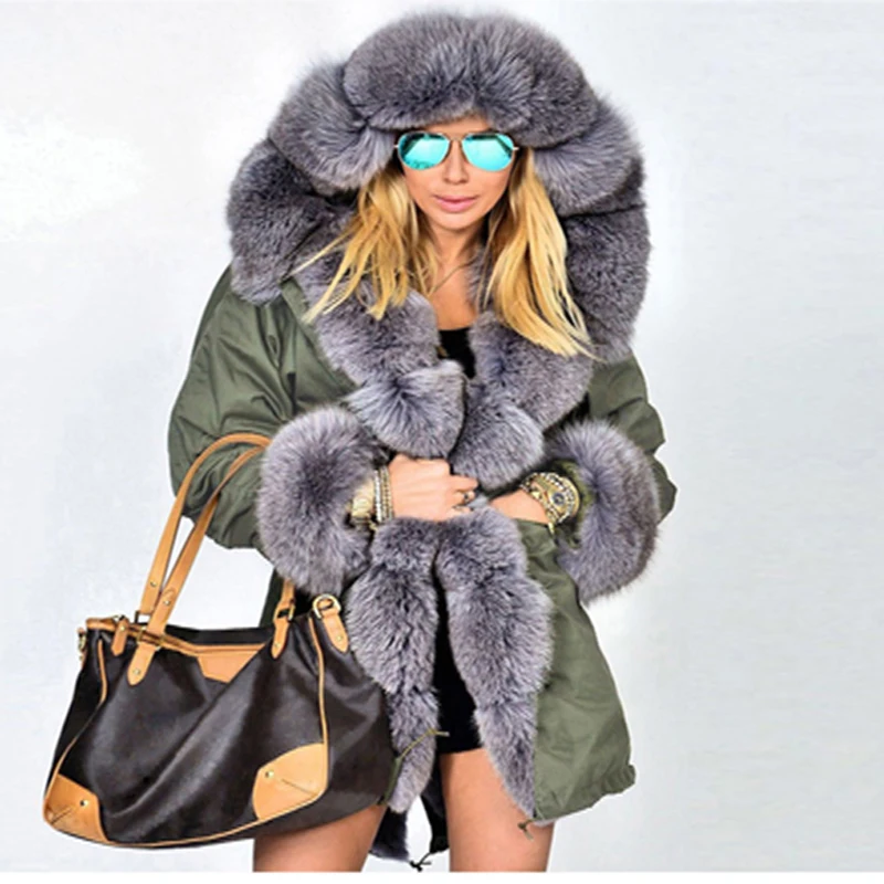 Женская камуфляжная куртка розовая длинная с капюшоном и натуральным мехом лисы