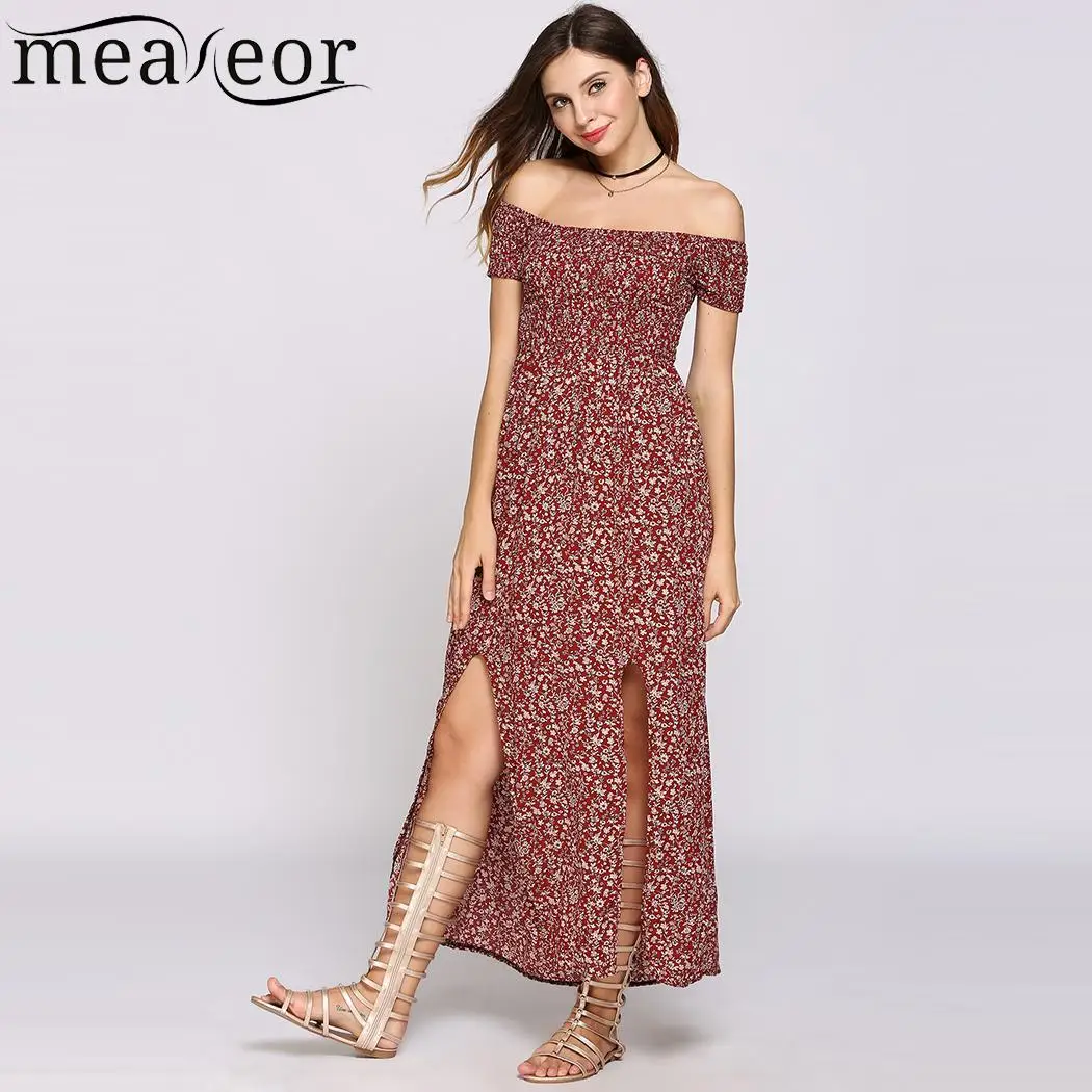 Boho рукав от плеча короткие Стиль Цветочный принт Разделение низ пляжные