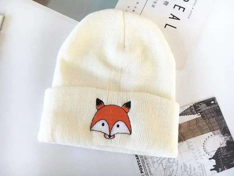 Плотная вязаная шапка из 2019 хлопка с мультяшной вышивкой лисы зимняя теплая
