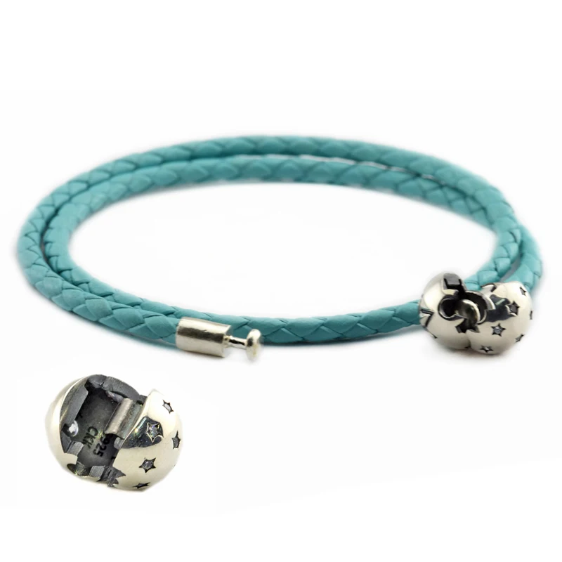 

Starry Sky Ocean Blue Clasp Leather Bracelets 100% 925 Sterling-Silver-Jewelry Free Shipping