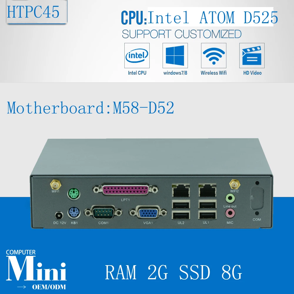 Мини ПК win 7 VGA Linux Atom D525 Поддержка 2 Гб ОЗУ 8 ГБ SSD WIFI/3G SMA антенна|pc with touch screen|pc