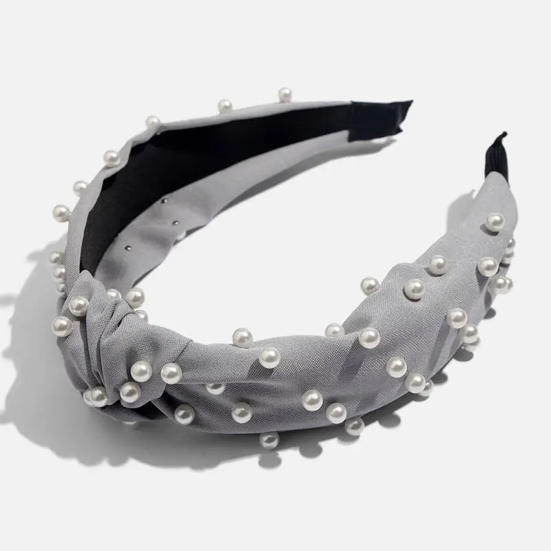 Bohemian Solid Color Soft Velvet Center Knot Wide Pearl Hairband Ladies multiple color Knotted Hairband Hair Accessories - Metal color: H0067GY