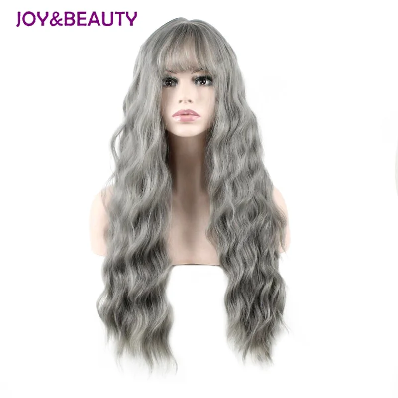 JOY& BEAUTY ультра-тонкий челка длинный кудрявый парик синтетические парики серый черный розовый 26 дюймов высокая температура волокна женский парик