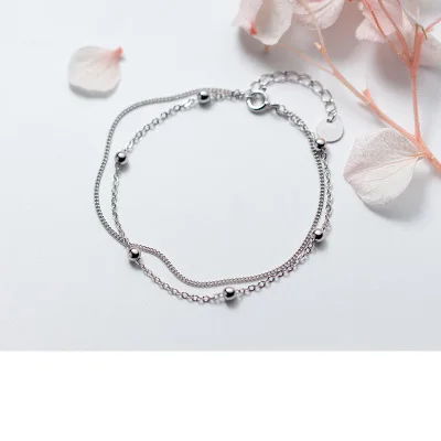 

S925 Sterling Silver Fahion Simple Mix Personality Silver Beads Double Chain Bracelets