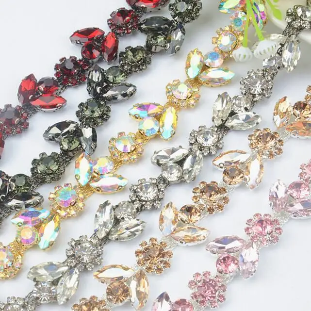 2 ярда Кружевная аппликация со стразами Цветочная цепочка с кристаллами