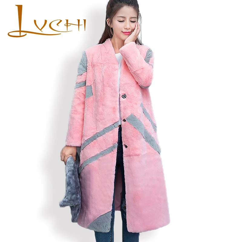 

LVCHI 2019 100% Natural Rabbit Genuine Leather Striped V Neck Winter Thin Warm Fur Full Pelt Ladies Slim Bodycon Rabbit Coats