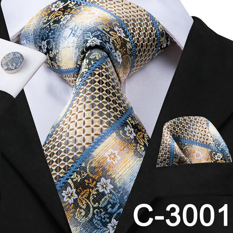 C-3001 Hi-Tie Мужские галстуки Классический Полосатый и цветочный галстук шелковые галстуки карманные Квадратные Запонки Набор Свадебная вечеринка деловой галстук набор C-3001 - Цвет: C-3001