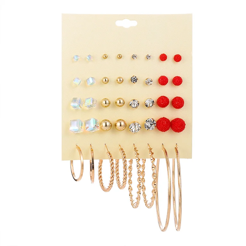 

20 Pairs/set Fashion Female Geometric Square Crystal Stud Earrings Set For Women 2019 Trendy Gold Round Circle Earring Jewelry
