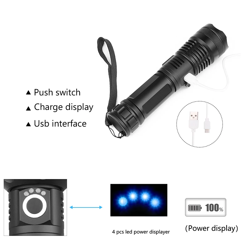 Мощный светодиодный фонарик XHP50 zoom usb 18650 или 26650 зарядка вспышка фонарь led zaklamp