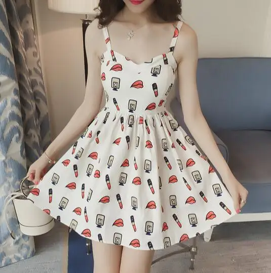 Весна Летняя новинка платье в Корейском стиле личность принт губ сексуальная