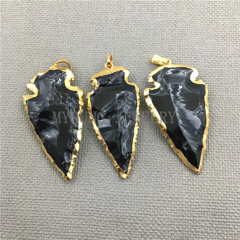 

MY0401 Arrow Black Obsidian Druzy Necklace Pendant,Rhinestone Gold Cladding Rough Arrowhead Gems Stone Charm Jewelry Making