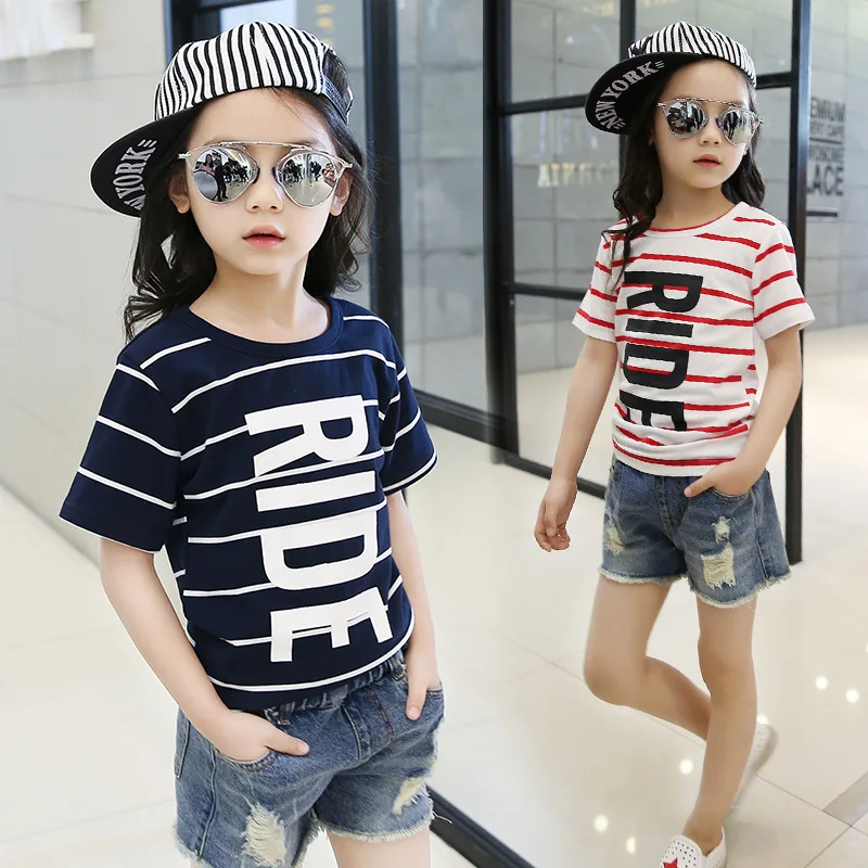 

2019 New Fashion Striped & Letter Print Cotton Short Sleeve T-shirts 6-10 Years Girls Tee Tops Baby Girls Clothes