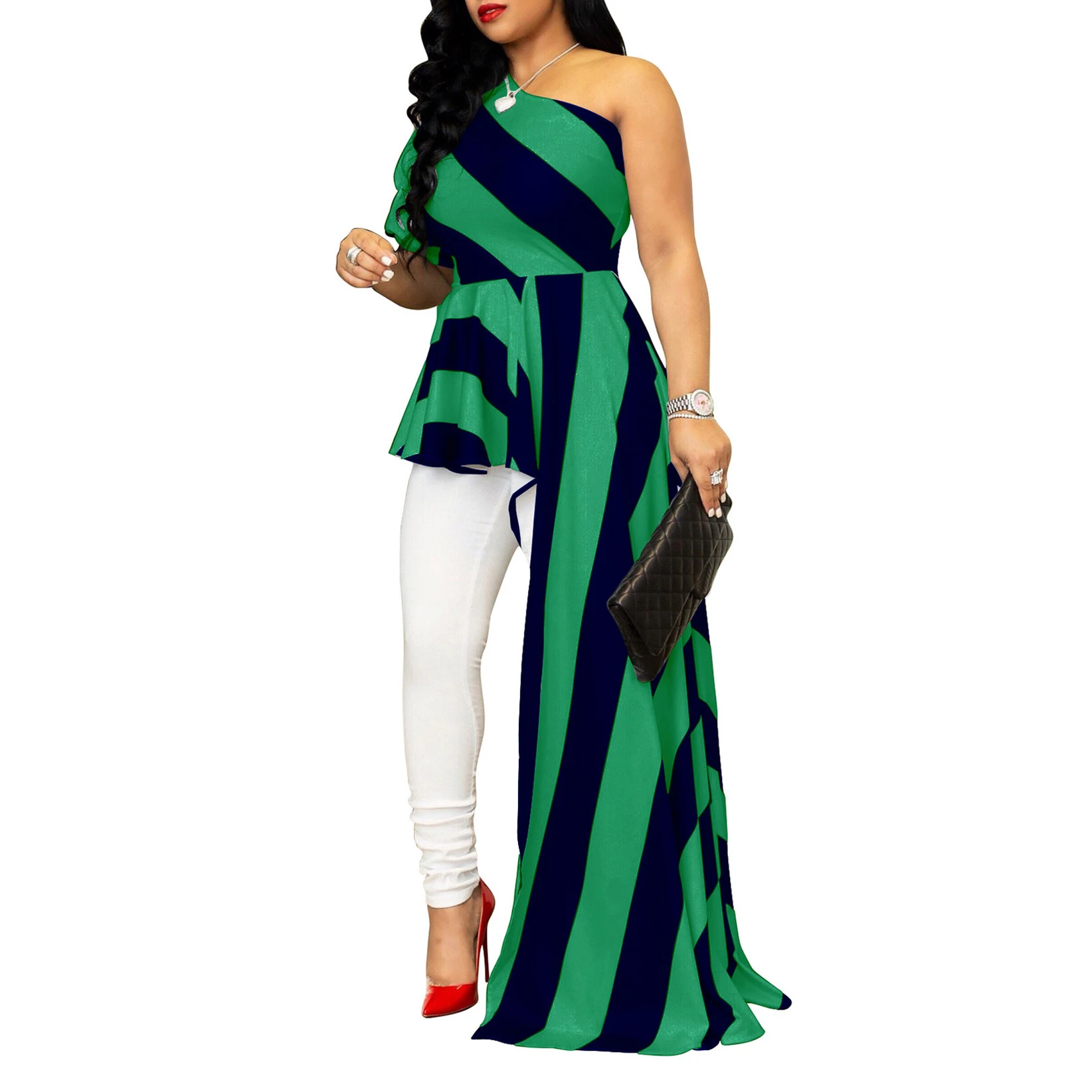 Для женщин Летнее Полосатое Туника Высокая Низкая Топ с открытыми плечами