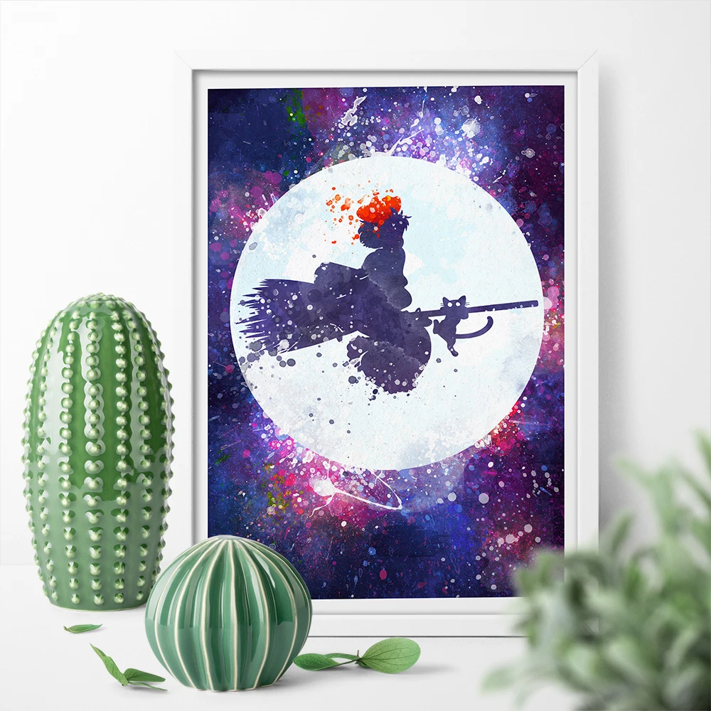 Акварельная девушка на метле доставка Кики постеры Печать холсте картина стену