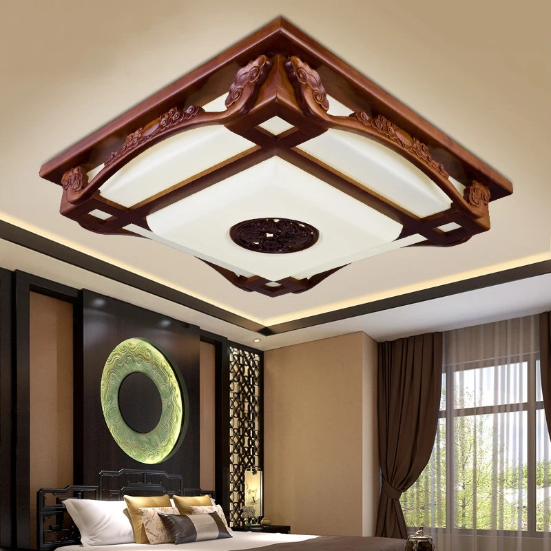 

Wood chinese style ceiling light led rectangle antique wool classic lamps