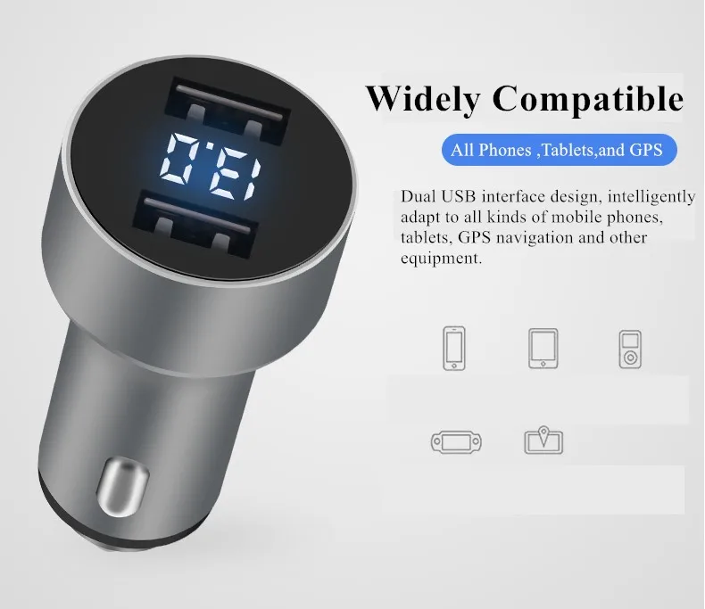 GUSGU Dual USB Автомобильное зарядное устройство с светодиодный цифровым дисплеем, металлическое автомобильное зарядное устройство для мобильного телефона 3.1A USB Автомобильное зарядное устройство адаптер для iPhone