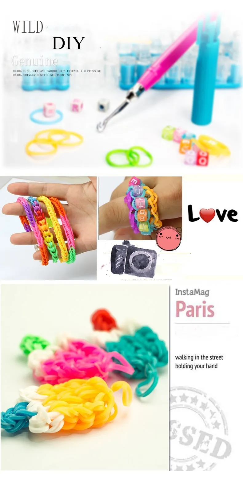 Высокое качество смешивания Цвет резинки установить Fun Loom полосы комплект для DIY Детский браслет, 1 сердце небольшая коробка+ молния+ S-clip+ ткацкий станок
