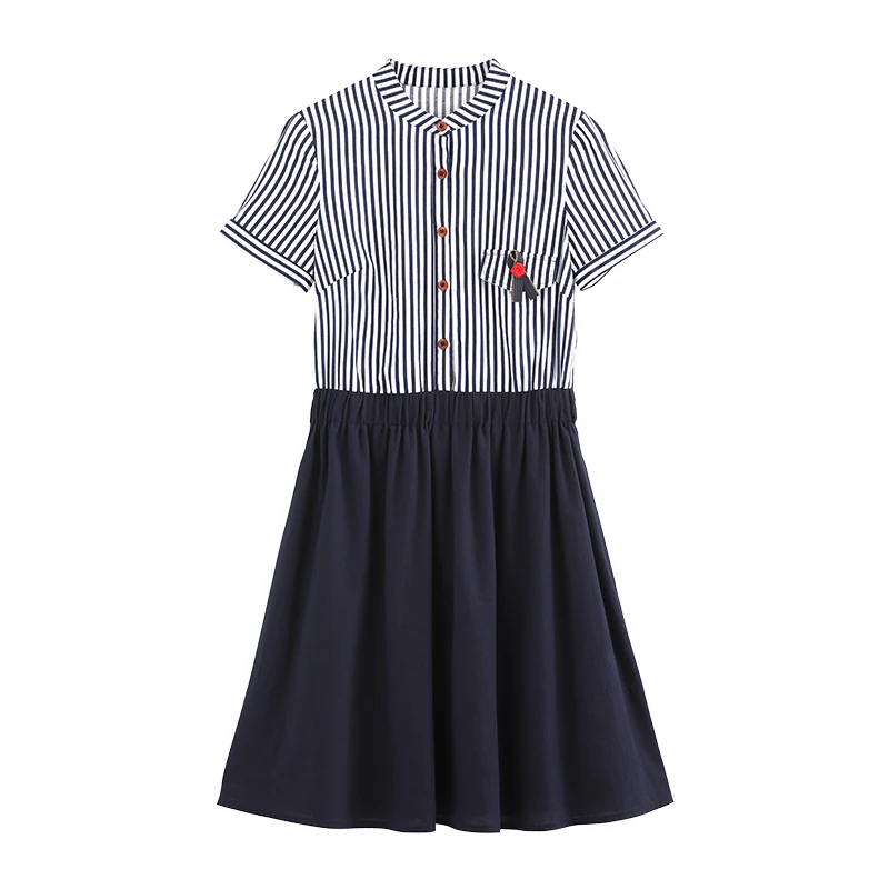 Camty отложной воротник короткий рукав и пуговицы в полоску платье лоскутное