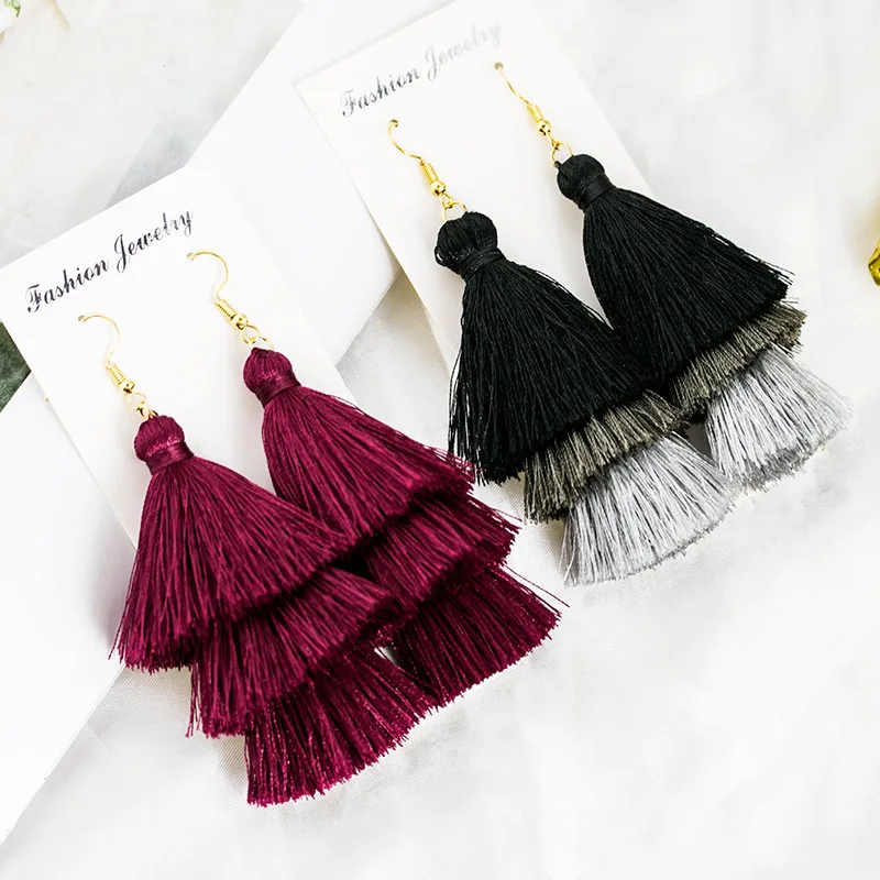 HIYONG Newest 3 Layered Long Tassel Drop Earrings for Women Female Bohemian Pendant Fringe Stratified Woman Earring Gift Jewelry | Украшения