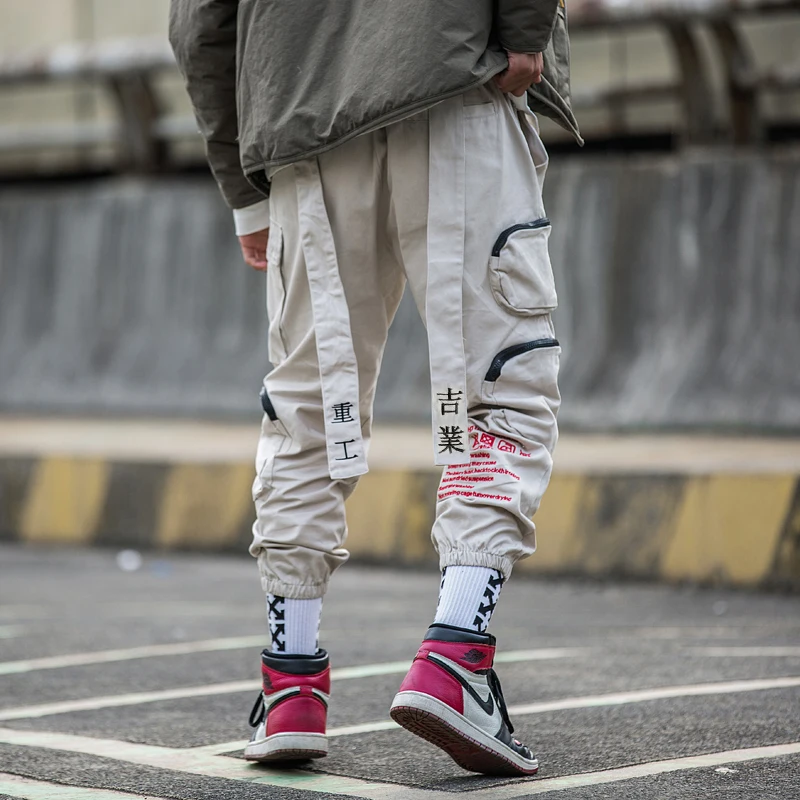 Black Loose Cargo Pants Men with Straps Beige Boyfriend Women Hip Hop Casual Streetwear Men's Summer Trousers | Мужская одежда