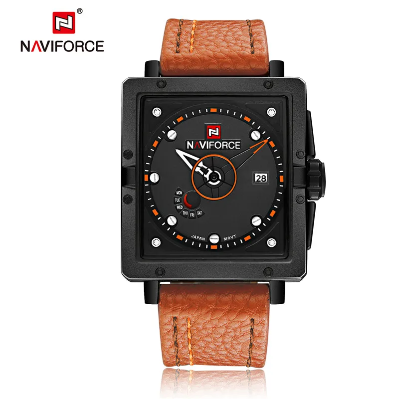 orange NAVIFORCE мужские спортивные часы, мужские кварцевые часы с датой, мужские часы с кожаным ремешком, военные армейские водонепроницаемые наручные часы, мужские часы - Цвет ремешка: orange