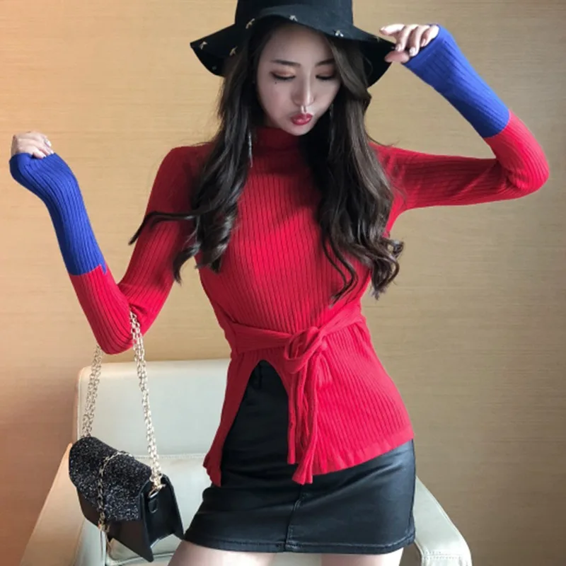 Women's fashion tee shirt outwaer casual tshirt t-shirts funny Long Sleeve Color Block Turtleneck Lace Up Slit Knitted T-Shirt | Женская