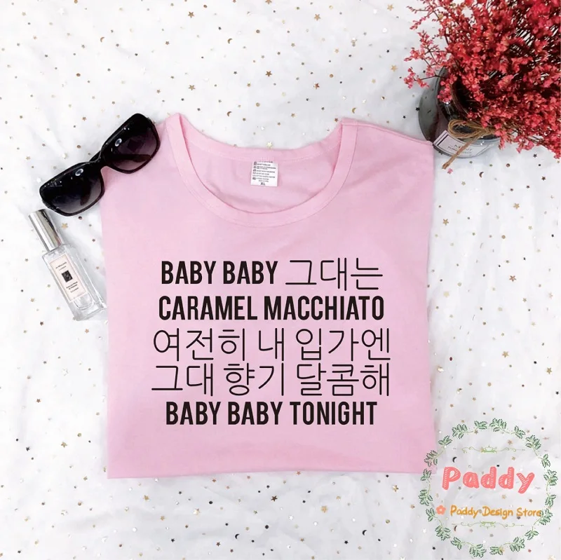 OKOUFEN KPOP, Корейская уличная одежда для малышей, карамель, маккиато, футболка унисекс, женский топ с буквенным принтом, графическая футболка размера плюс, Прямая поставка - Цвет: pink t black words