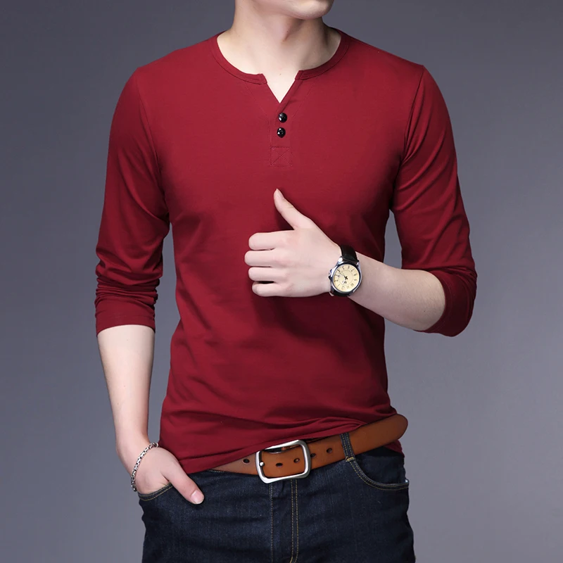 Мужская футболка Новинка весна-осень 2018 с длинным рукавом и воротником Генри