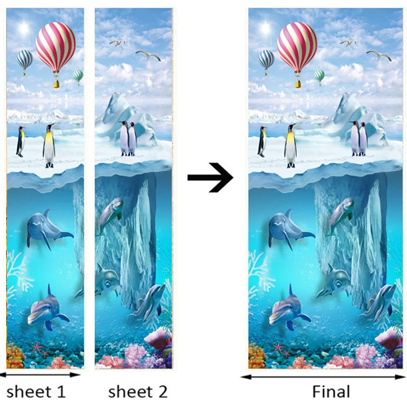 Door Sticker 3D Cartoon Iceberg Penguin Dolphins Wallpaper Kids Bedroom PVC Waterproof Door Decals Vinyl Mural Home Decor Paste