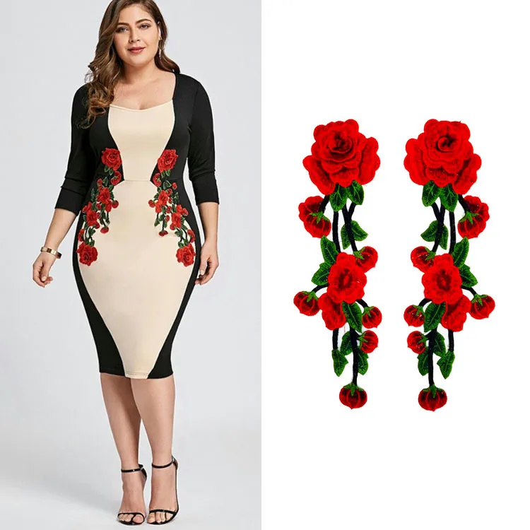 

2pcs/pair 9x30cm Red Flower Lace Trim Patches Neck Applique Sewing Floral Collar Embroidered Neckline Craft Classic Embroidery