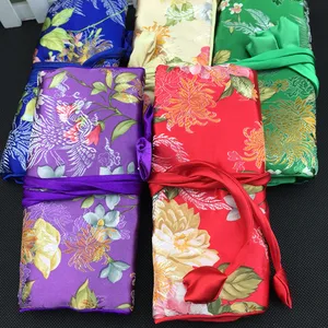 Luxury Bronzing Flower Folding Bag 3 Zipper Silk Brocade Travel Roll Up Makeup Bag Jewelry Storage Pouch Packaging Bags 5pcs/lot