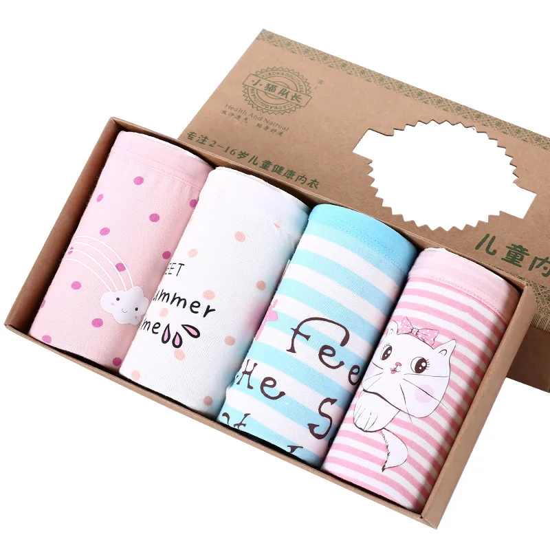 5576 4PCS Нижнее белье для девочек-подростков, одежда для детей с рисунком милого кота Трусы-шорты для девочек; хлопковые трусы; нижнее Начальная школа студентов полосатые трусы на возраст 4, 8, 14Y - Цвет: 5576 4PCS