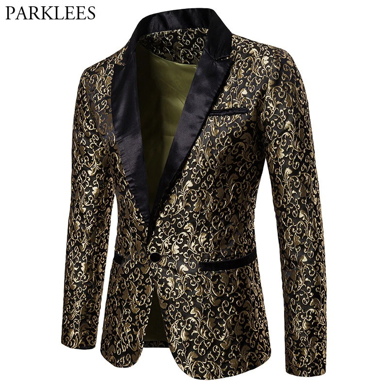 

Gold Embroidery Jacquard Floral Blazer Men 2018 Fashion Notched Lapel Single Button Suit Blazer Jacket Men Wedding Costume Homme