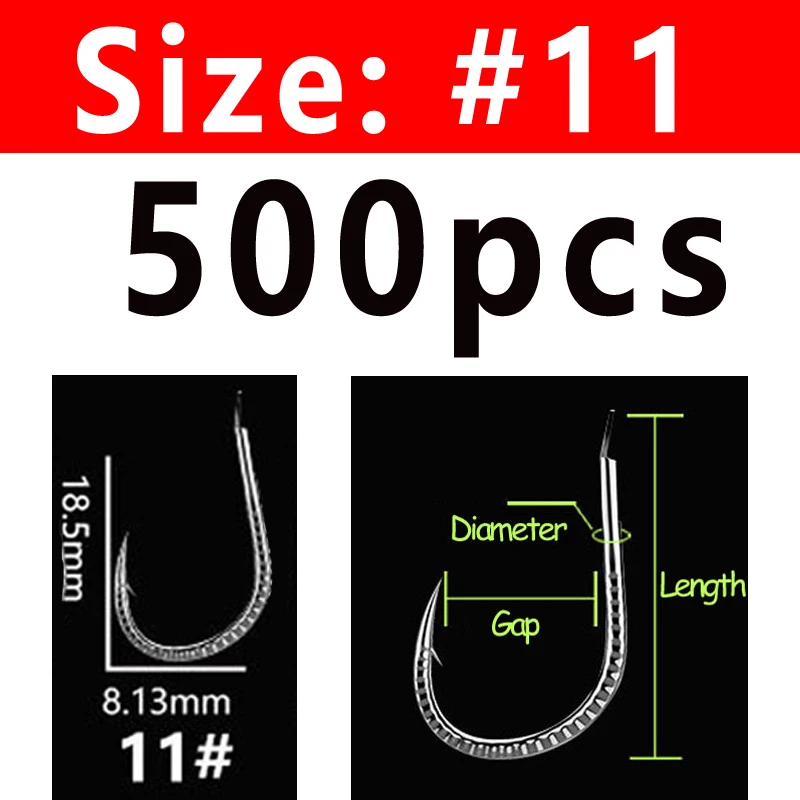 Size 11 500PCS Bimoo 500 шт. серебряный дракон весы с крючком Карп Рыболовный крючок колючая пресноводная рыба Крючки сельдь трава крючок для ловли карпа#1~#13 - Цвет: Size 11 500PCS