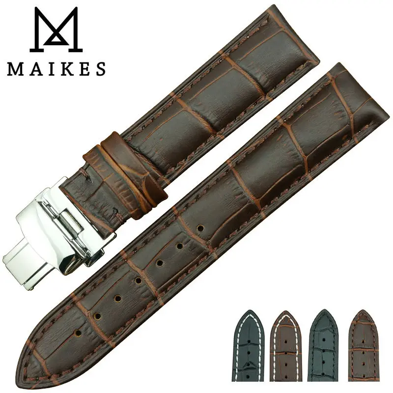 Ремешок для часов MAIKES из натуральной кожи с пряжкой-бабочкой нержавеющей стали